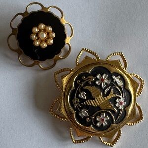 Vintage Brooch Set-Damascene and Enamel with Faux Pearls
